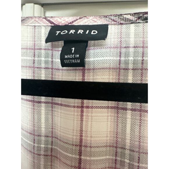 Torrid Purple, Black, and White Plaid Button Down with Tie Top - Picture 2 of 5